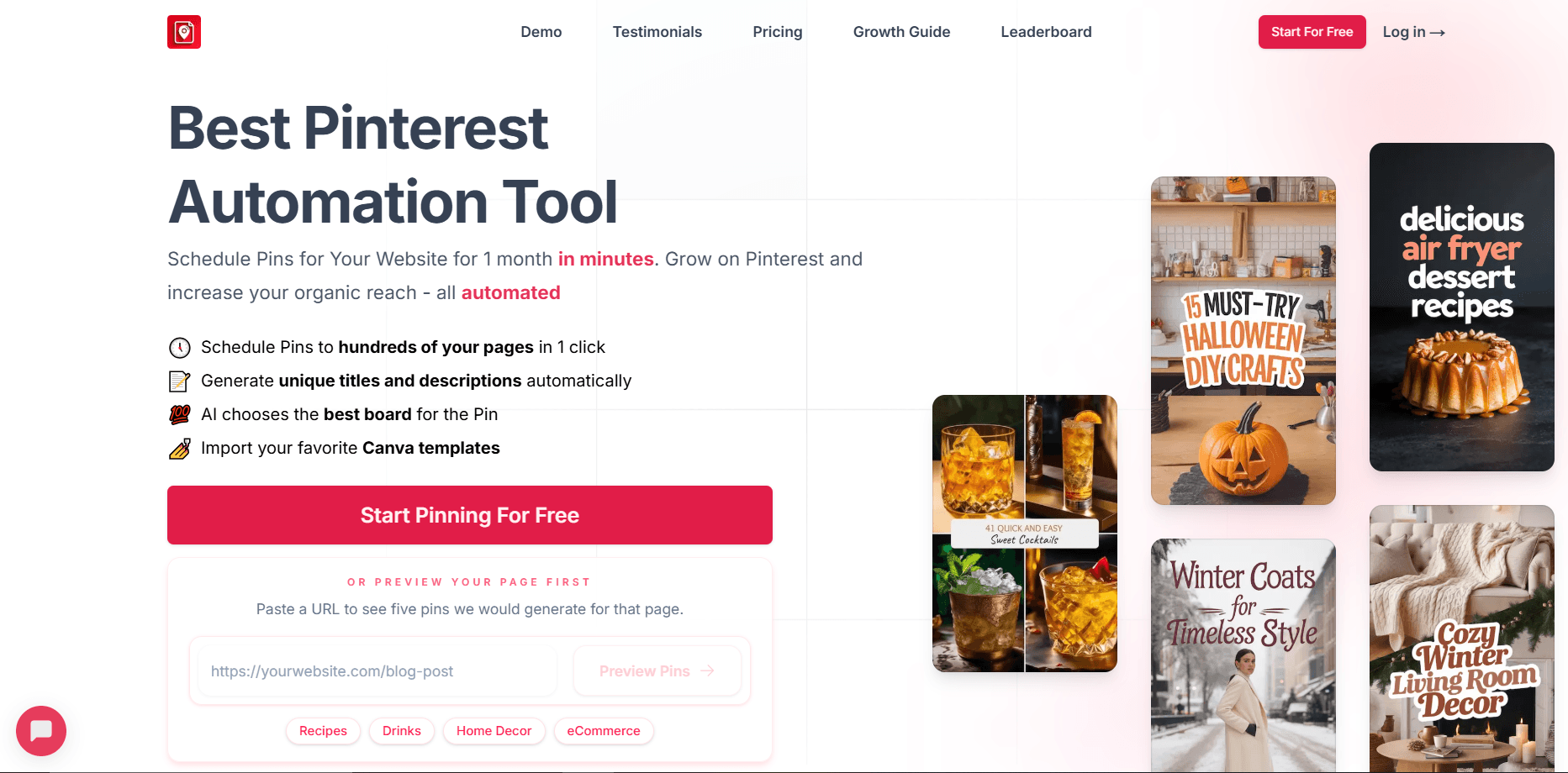 BlogToPin homepage showing its Pinterest automation tool that schedules pins from your website pages in one click