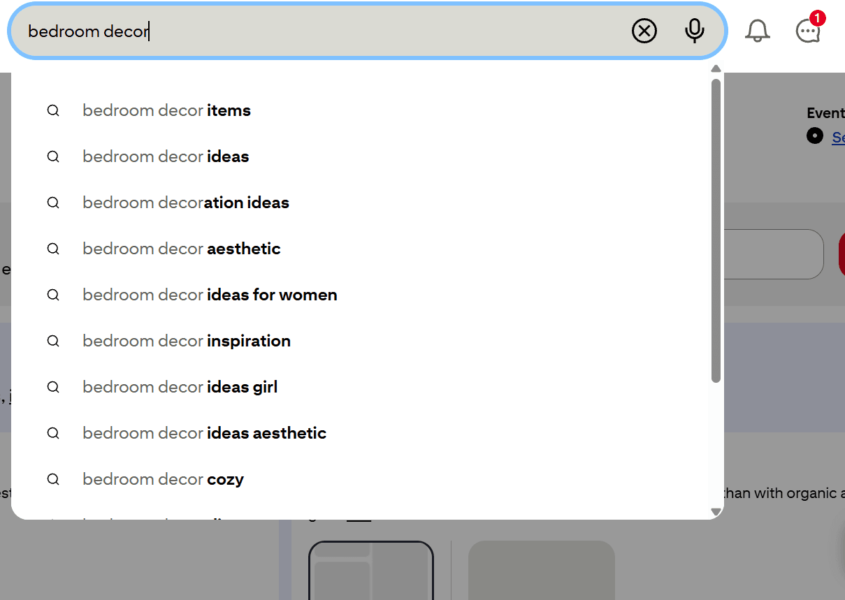 Pinterest search bar showing autocomplete suggestions for "bedroom decor"