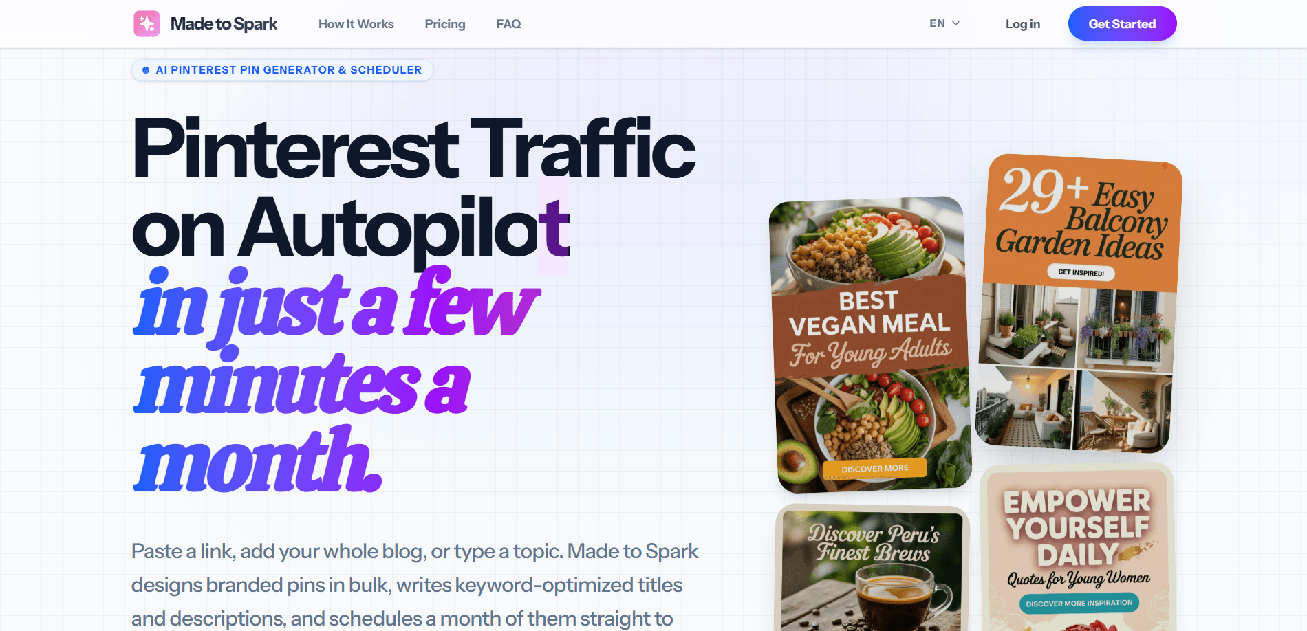 Made to Spark homepage promising Pinterest traffic on autopilot, an AI pin generator and scheduler