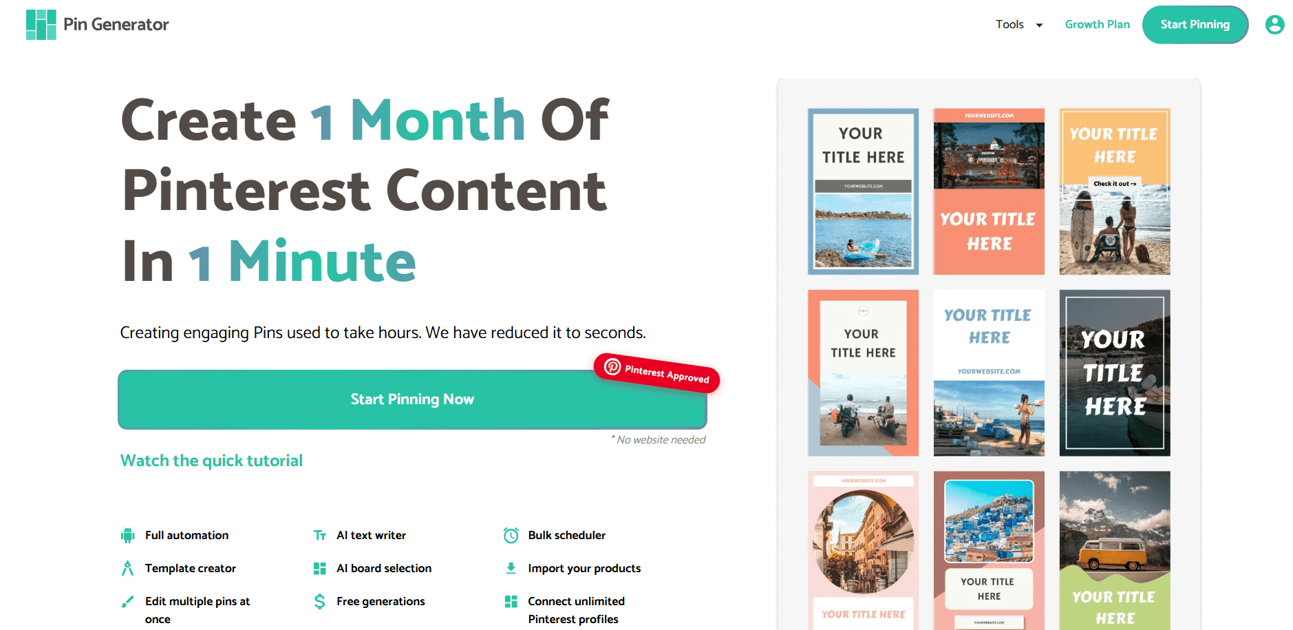 Pin Generator homepage offering to create one month of Pinterest content in one minute with templates