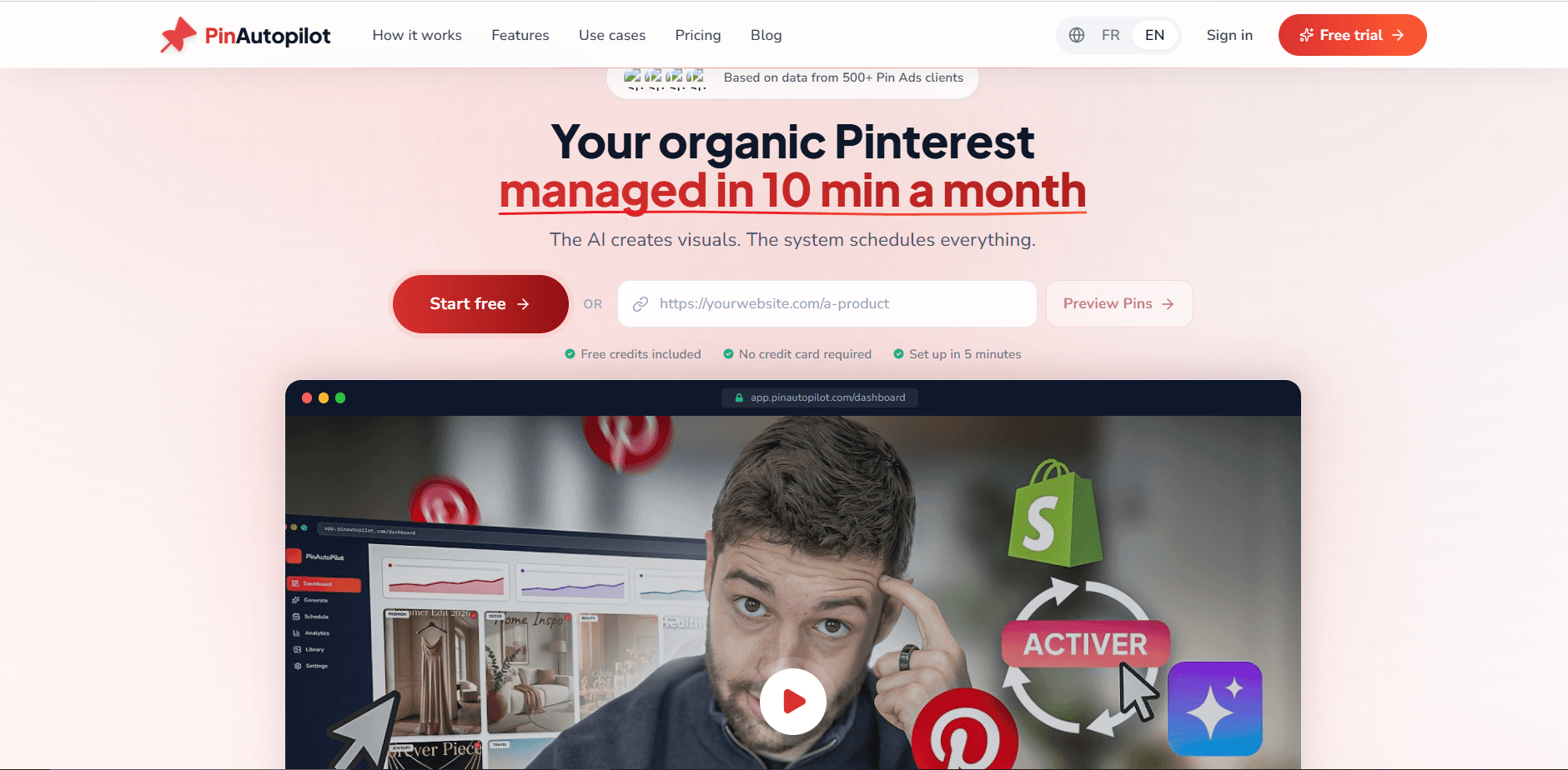 PinAutopilot homepage stating your organic Pinterest managed in 10 minutes a month with AI-created visuals