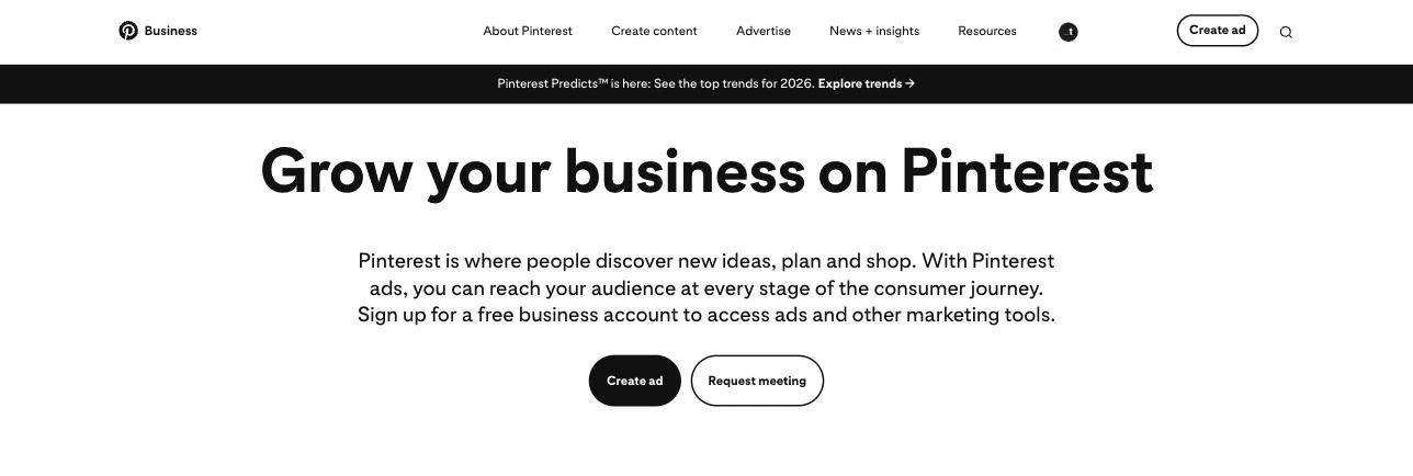 Pinterest for Business homepage, where you sign up for a free business account to unlock analytics and other marketing tools