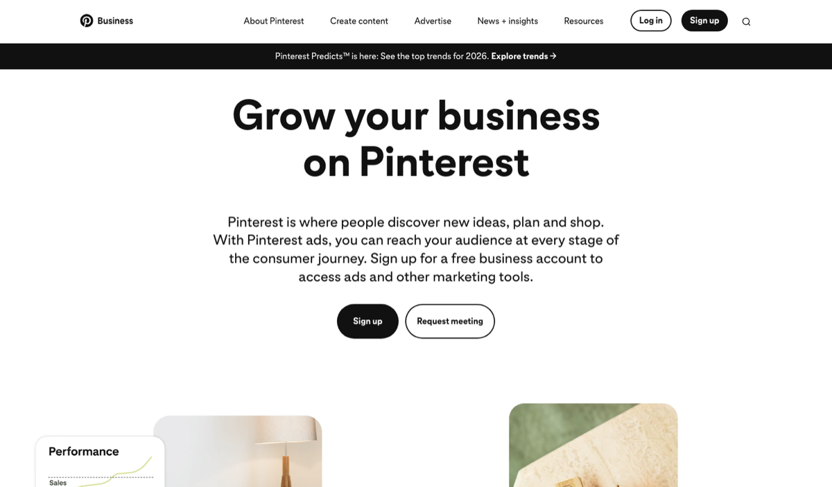 Pinterest Business homepage where you can sign up for a free business account