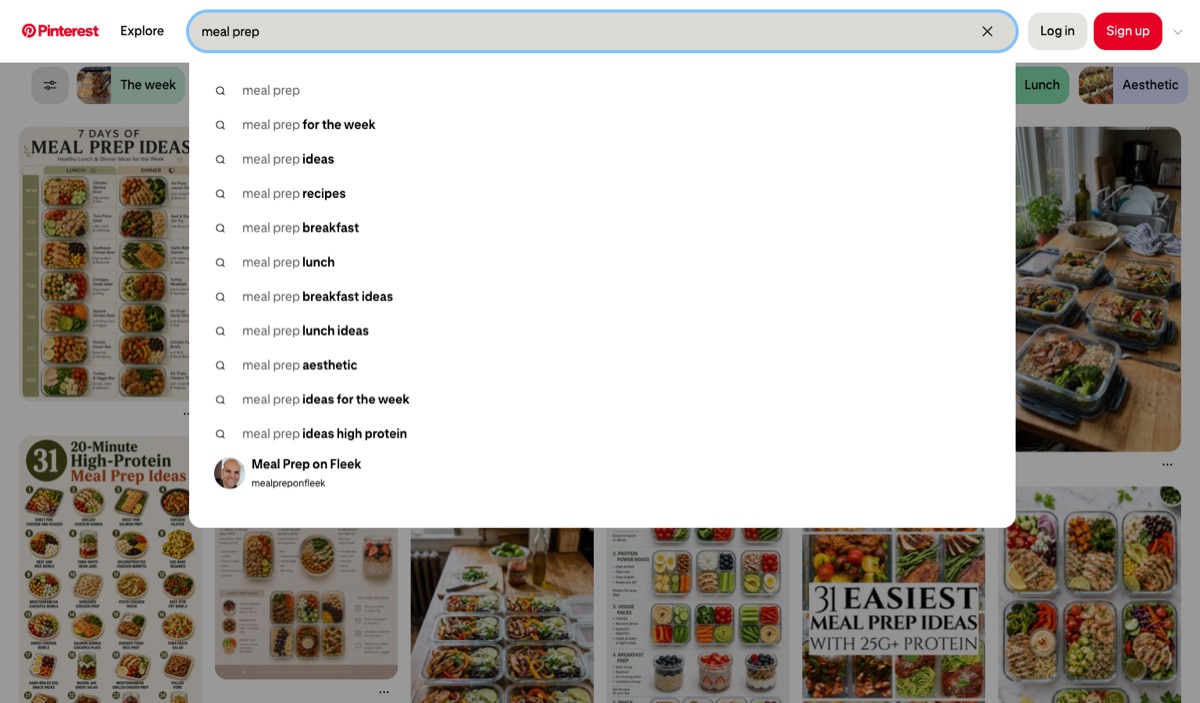 Pinterest search bar autocomplete for meal prep showing suggestions like meal prep for the week, meal prep ideas, and meal prep recipes