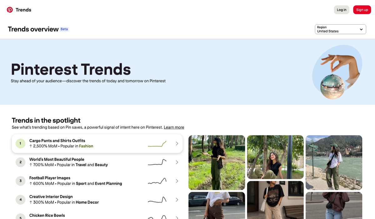 Pinterest Trends overview showing trending searches in the spotlight with month-over-month growth data