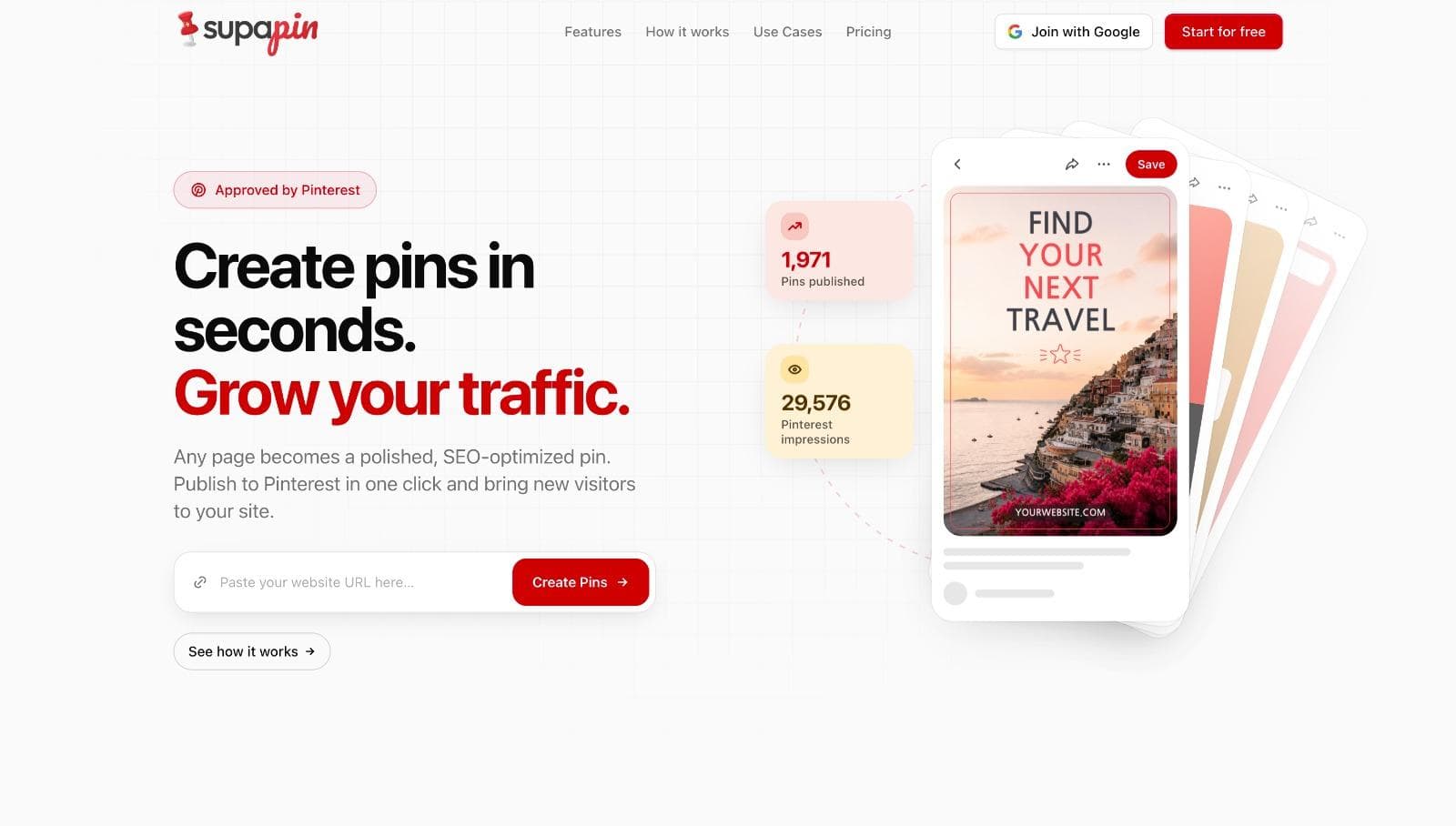 Supapin homepage with the tagline create pins in seconds and grow your traffic, approved by Pinterest