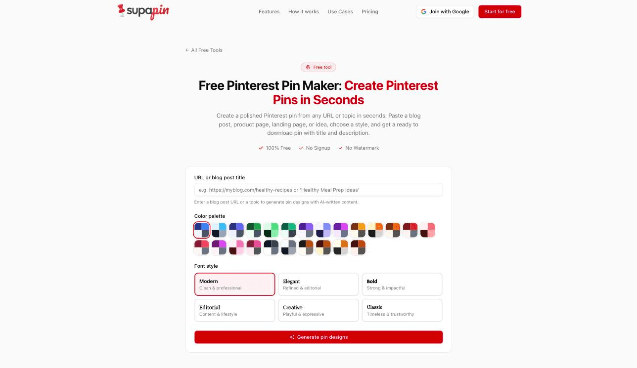 Supapin's free Pinterest pin maker: paste a blog post URL or a topic, pick a color palette and font style, and generate a ready-to-download pin sized for Pinterest