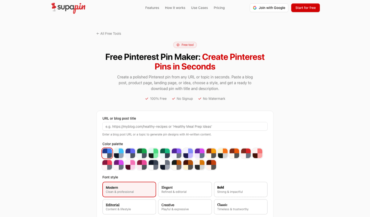 Supapin's free Pinterest pin maker: paste a URL or topic, pick a color palette and font style, and get a ready-to-download pin