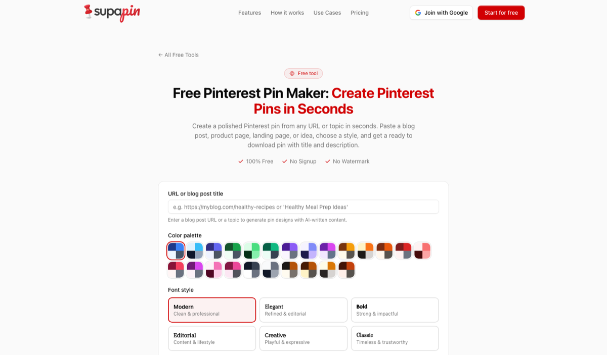 Supapin's free Pinterest pin maker: paste a URL or topic, pick a color palette and font style, and get a ready-to-download pin