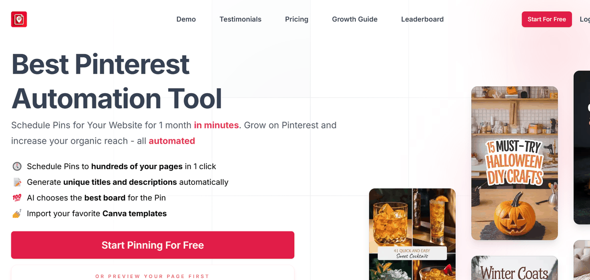 BlogToPin's homepage, positioned around scheduling a month of pins from your website