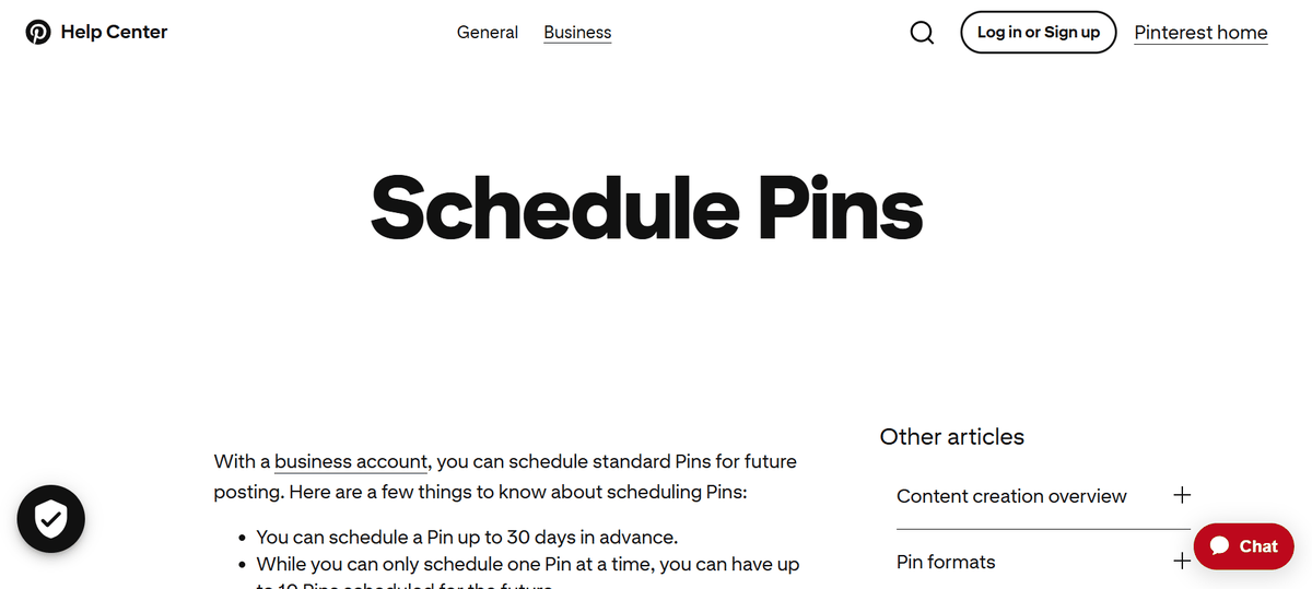 Pinterest's Help Center page for scheduling pins, showing the 10-pin and 30-day limits