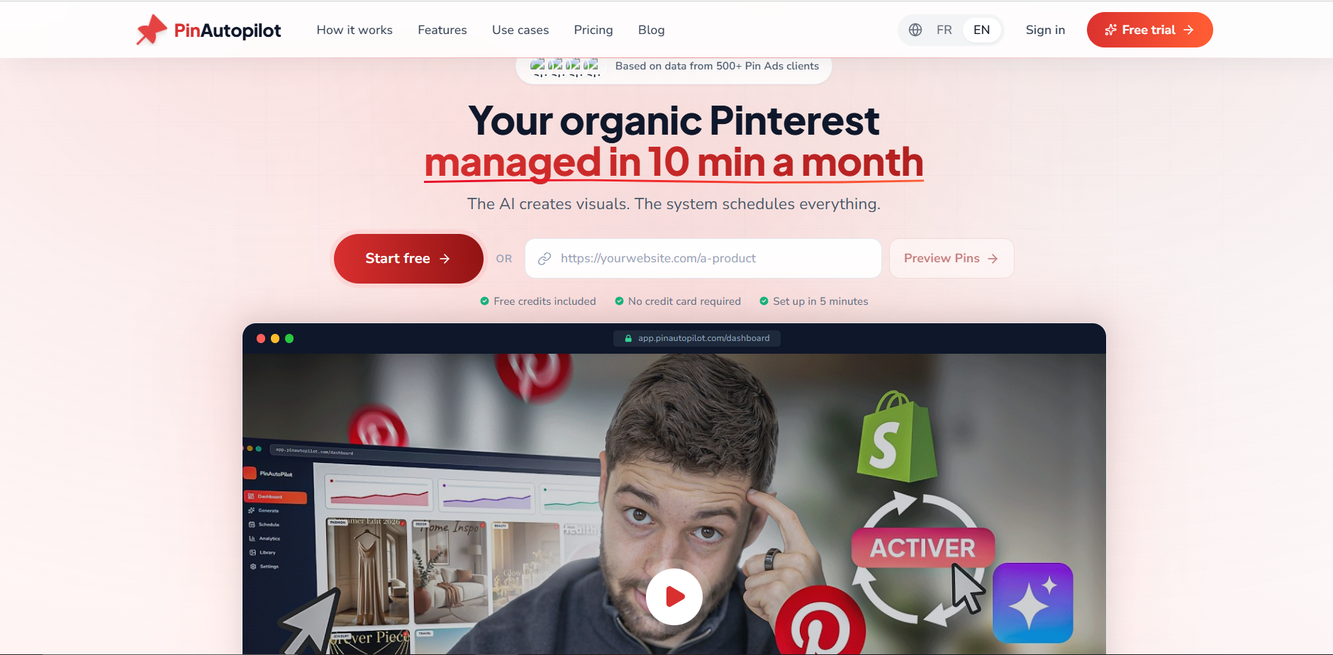 PinAutopilot homepage stating your organic Pinterest managed in 10 minutes a month with AI-created visuals