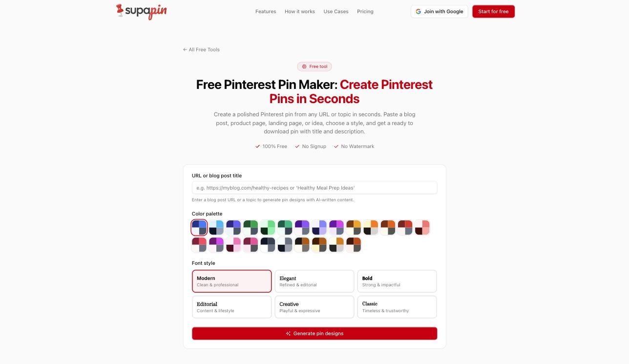 Supapin's free Pinterest pin maker: paste a blog post URL or a topic, pick a color palette and font style, and generate a ready-to-download pin sized for Pinterest