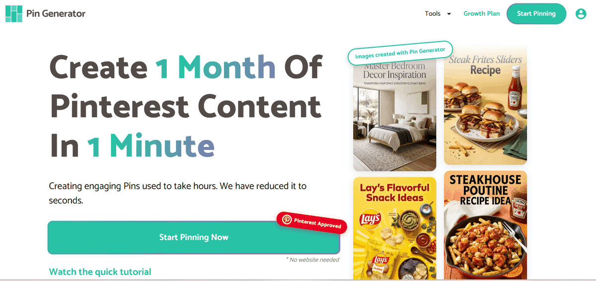 Pin Generator's homepage, built around creating a month of Pinterest content quickly