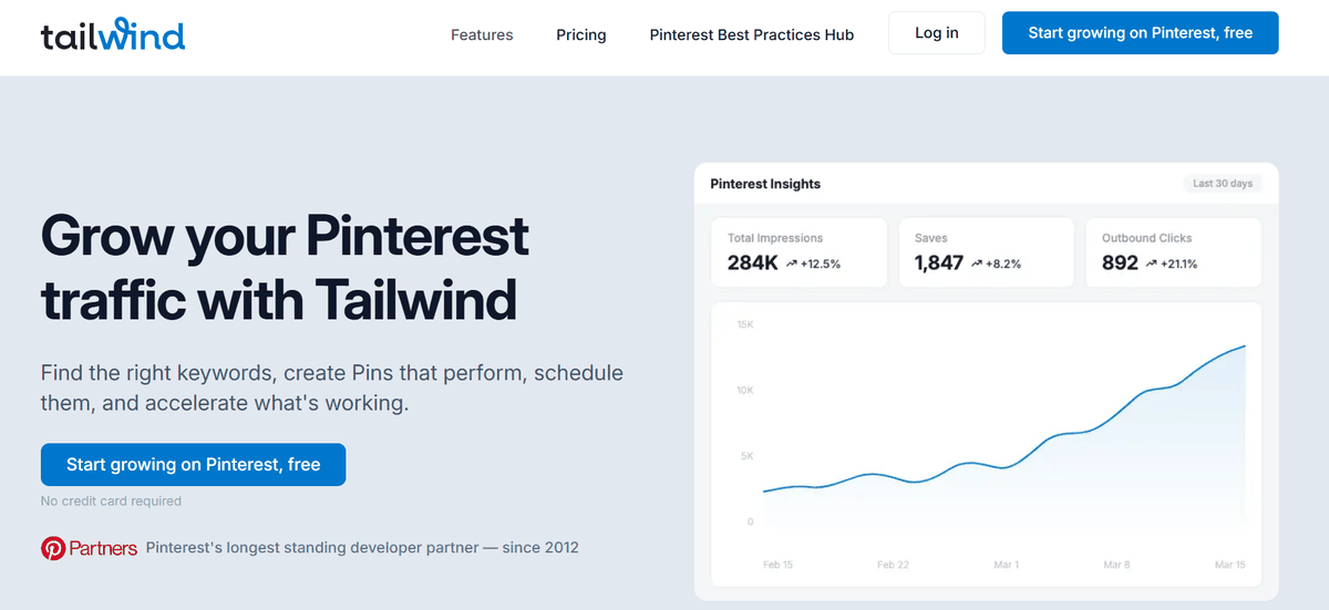 Tailwind's homepage, showing its Pinterest growth and scheduling positioning